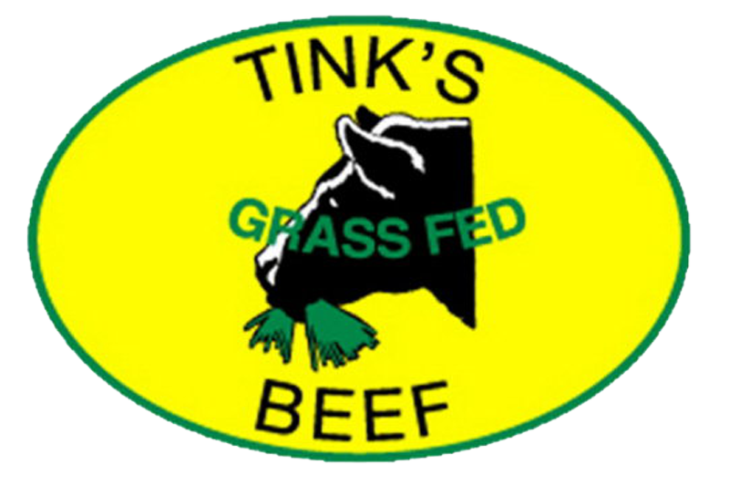Logo (1) Logo of Tink's Grass Fed Beef featuring a silhouette of a cow eating grass, framed within an oval yellow background. The logo emphasizes the brand's commitment to grass-fed beef products.