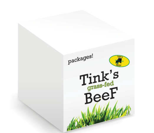 box_packages Packaging for Tink's Grass-Fed Beef featuring a clean white box design with green grass graphics and bold branding, highlighting the product's natural and healthy qualities.