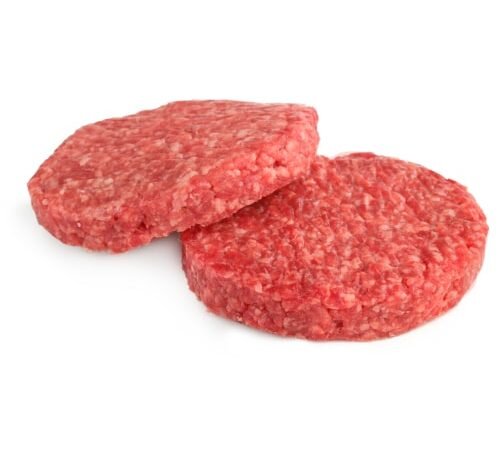 hamburger_patties Two raw beef patties stacked on top of each other, ideal for grilling or making burgers, showcasing a fresh and finely ground texture.